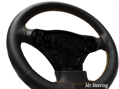 REAL BLACK LEATHER STEERING WHEEL COVER GOLD ...
