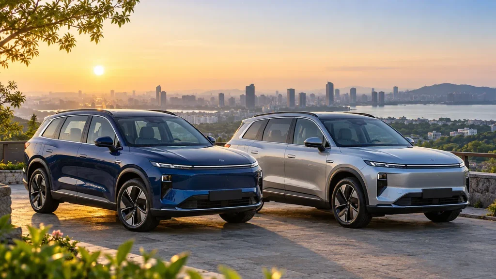 Editorial illustration of two generic electric SUVs parked side by side at sunrise.