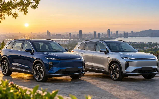 Editorial illustration of two generic electric SUVs parked side by side at sunrise.